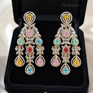 Multicolor CZ Gold Tone Chandelier Earrings Pakistani Indian Bridal Jewelry