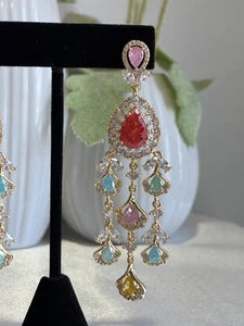 Multicolor CZ Gold Tone Chandelier Earrings Pakistani Indian Bridal Jewelry