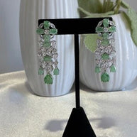 Green CZ Silver Tone Chandelier Drop Earrings Pakistani Indian Jewelry
