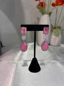 Pink CZ Silver Tone Drop Earrings Indian Pakistani Statement Jewelry