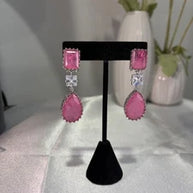 Pink CZ Silver Tone Drop Earrings Indian Pakistani Statement Jewelry