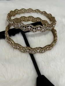 Gold Tone American Diamond Bangles Set Size 2.10 Elegant Wavy Crystal Design