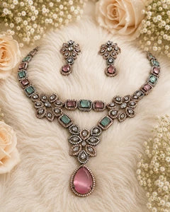 Vintage Inspired Pink- Green Crystal Jewelry Set – Statement Necklace & Earrings