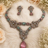 Vintage Inspired Pink- Green Crystal Jewelry Set – Statement Necklace & Earrings