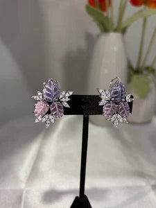 Lavender Pink Leaf CZ Stud Earrings Silver Tone Floral Statement Jewelry