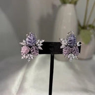 Lavender Pink Leaf CZ Stud Earrings Silver Tone Floral Statement Jewelry