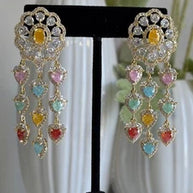 Multicolor Heart CZ Gold Tone Chandelier Earrings Pakistani Indian Jewelry