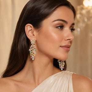Hazoori Luxury Floral Crystal Statement Earrings | Multicolor Gemstone Earrings