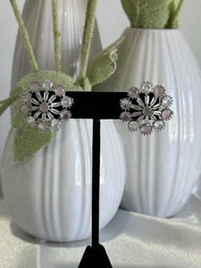 Blush Pink CZ Floral Stud Earrings Silver Tone Party Jewelry