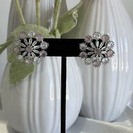 Blush Pink CZ Floral Stud Earrings Silver Tone Party Jewelry
