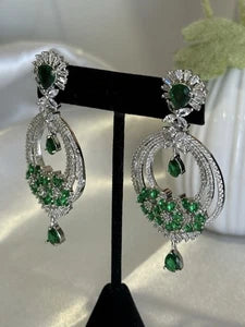 Emerald Green CZ Chandbali Earrings Silver Tone Pakistani Jewelry