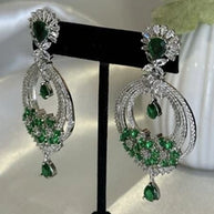 Emerald Green CZ Chandbali Earrings Silver Tone Pakistani Jewelry