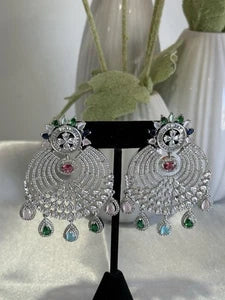 Multicolor CZ Chandbali Earrings Silver Tone Pakistani Indian Jewelry