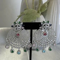 Multicolor CZ Chandbali Earrings Silver Tone Pakistani Indian Jewelry