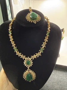 Emerald Green Teardrop Necklace Set with Matching Earrings & Tikka