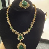 Emerald Green Teardrop Necklace Set with Matching Earrings & Tikka