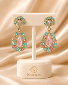 Pastel Multicolor CZ Gold Tone Teardrop Earrings Pakistani Indian Jewelry
