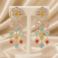 Multicolor Heart CZ Gold Tone Chandelier Earrings Pakistani Indian Jewelry