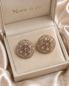 Pink Lavender Gold Tone CZ Round Statement Earrings Indian Pakistani Jewelry