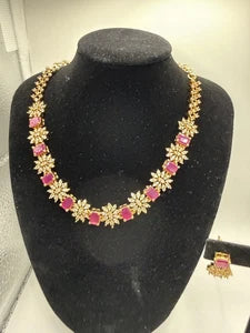 Elegant Pink Crystal Necklace & Earrings Set
