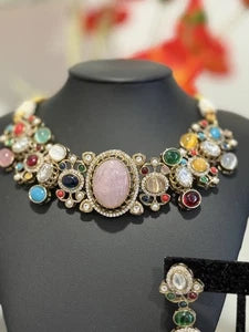 Sabyasachi Inspired Necklace Earrings Set | Pink Stone Multicolor Gem Bridal Jew