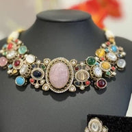 Sabyasachi Inspired Necklace Earrings Set | Pink Stone Multicolor Gem Bridal Jew