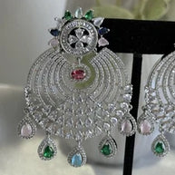 Multicolor CZ Chandbali Earrings Silver Tone Pakistani Indian Jewelry