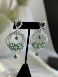 Emerald Green CZ Chandbali Earrings Silver Tone Pakistani Jewelry