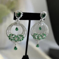 Emerald Green CZ Chandbali Earrings Silver Tone Pakistani Jewelry