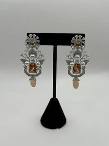Champagne Crystal Pearl Statement Earrings – Luxury Bridal Drop Earrings