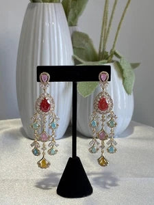 Multicolor CZ Gold Tone Chandelier Earrings Pakistani Indian Bridal Jewelry
