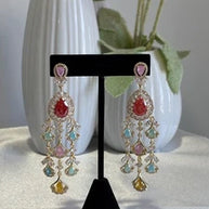 Multicolor CZ Gold Tone Chandelier Earrings Pakistani Indian Bridal Jewelry