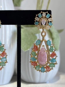 Pastel Multicolor CZ Gold Tone Teardrop Earrings Pakistani Indian Jewelry
