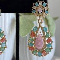 Pastel Multicolor CZ Gold Tone Teardrop Earrings Pakistani Indian Jewelry