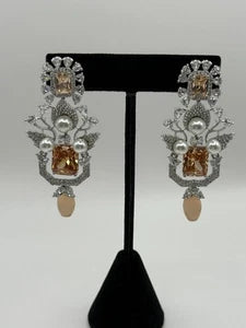 Champagne Crystal Pearl Statement Earrings – Luxury Bridal Drop Earrings