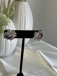 Magenta Pink & Black CZ Floral Stud Earrings Silver Tone Party Jewelry