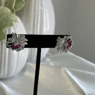 Magenta Pink & Black CZ Floral Stud Earrings Silver Tone Party Jewelry
