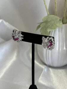 Magenta Pink & Black CZ Floral Stud Earrings Silver Tone Party Jewelry