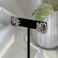 Magenta Pink & Black CZ Floral Stud Earrings Silver Tone Party Jewelry