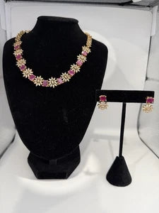 Elegant Pink Crystal Necklace & Earrings Set