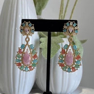 Pastel Multicolor CZ Gold Tone Teardrop Earrings Pakistani Indian Jewelry
