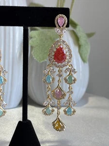 Multicolor CZ Gold Tone Chandelier Earrings Pakistani Indian Bridal Jewelry