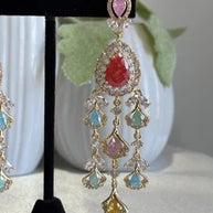Multicolor CZ Gold Tone Chandelier Earrings Pakistani Indian Bridal Jewelry
