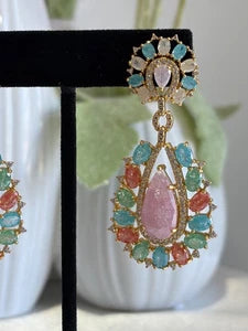 Pastel Multicolor CZ Gold Tone Teardrop Earrings Pakistani Indian Jewelry
