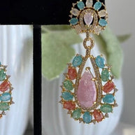 Pastel Multicolor CZ Gold Tone Teardrop Earrings Pakistani Indian Jewelry