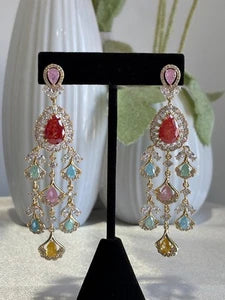 Multicolor CZ Gold Tone Chandelier Earrings Pakistani Indian Bridal Jewelry