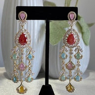 Multicolor CZ Gold Tone Chandelier Earrings Pakistani Indian Bridal Jewelry