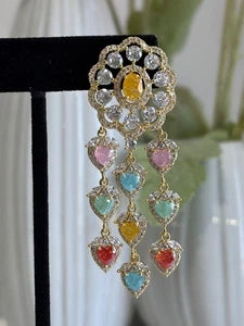Multicolor Heart CZ Gold Tone Chandelier Earrings Pakistani Indian Jewelry