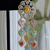 Multicolor Heart CZ Gold Tone Chandelier Earrings Pakistani Indian Jewelry