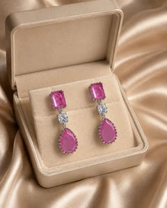Pink CZ Silver Tone Drop Earrings Indian Pakistani Statement Jewelry